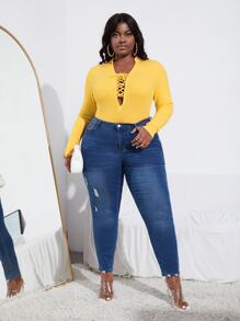 Slaydiva Plus Lace Up Front Bodysuit - Yellow - View 6