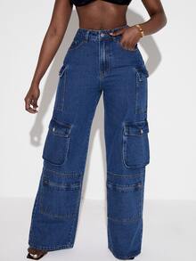 SHEIN SXY Quần jean nữ Nút Túi Dây kéo màu trơn - Rửa tối - Xem 2