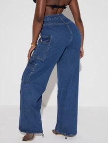 SHEIN SXY Quần jean nữ Nút Túi Dây kéo màu trơn - Rửa tối - Xem 3