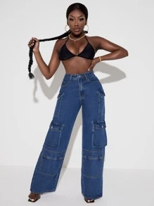 SHEIN SXY Quần jean nữ Nút Túi Dây kéo màu trơn - Rửa tối - Xem 1