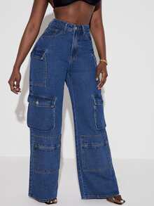 SHEIN SXY Quần jean nữ Nút Túi Dây kéo màu trơn - Rửa tối - Xem 4