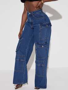 SHEIN SXY Quần jean nữ Nút Túi Dây kéo màu trơn - Rửa tối - Xem 5