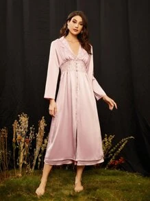 SHEIN Pearls Button Front Lace Panel Satin Robe