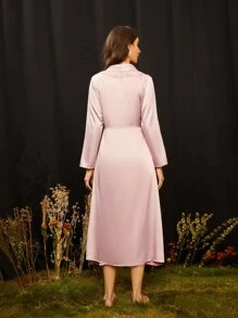 SHEIN Pearls Button Front Lace Panel Satin Robe