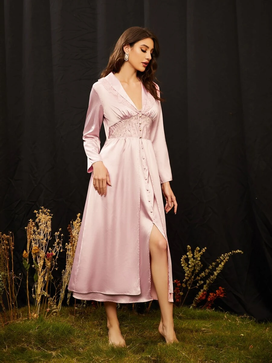SHEIN Pearls Button Front Lace Panel Satin Robe