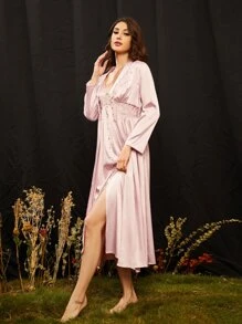 SHEIN Pearls Button Front Lace Panel Satin Robe