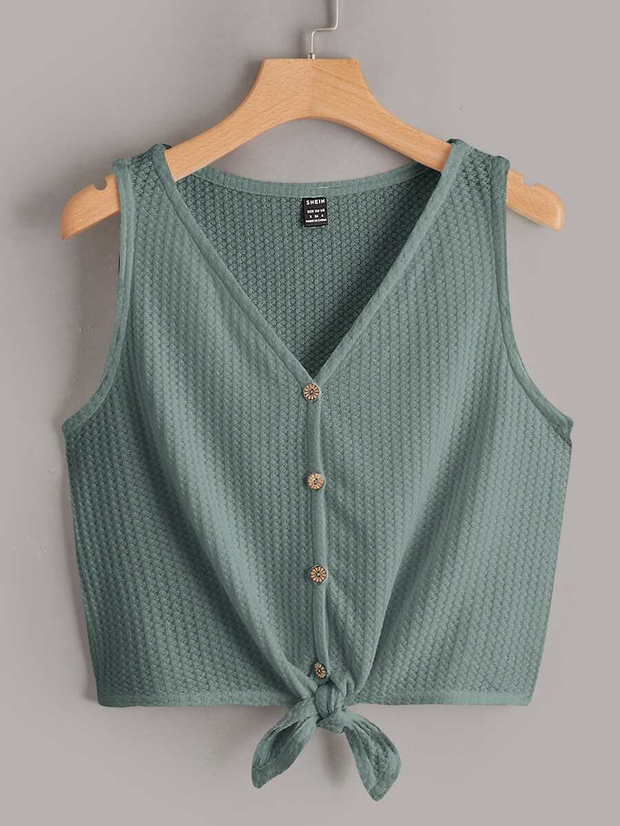 SHEIN LUNE 前打結前紐扣華夫格編織背心上衣 - 青碧色 - 查看 1