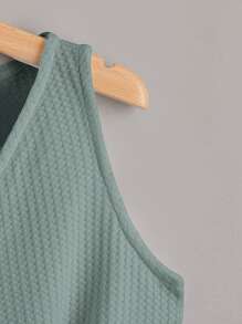 SHEIN LUNE 前打結前紐扣華夫格編織背心上衣 - 青碧色 - 查看 4