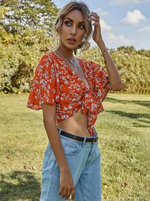 SHEIN Frenchy Allover Floral Tie Front Crop Top - Red - View 5