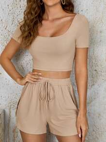 SHEIN Bộ đồ hai mảnh nữ Thắt nút Gân đan màu trơn Giải trí - Màu Khaki - Xem 1