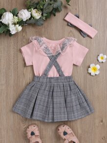 嬰兒蕾絲邊T恤連體衣和蘇格蘭格紋蝴蝶結背帶半身裙和髮箍