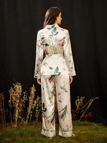 SHEIN Bộ đồ ngủ Nữ Thắt lưng Túi Tương phản ràng buộc Nút phía trước Hoa Thanh lịch - Nhiều màu - Xem 2