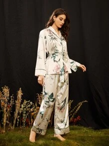 SHEIN Bộ đồ ngủ Nữ Thắt lưng Túi Tương phản ràng buộc Nút phía trước Hoa Thanh lịch - Nhiều màu - Xem 4