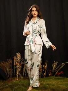 SHEIN Bộ đồ ngủ Nữ Thắt lưng Túi Tương phản ràng buộc Nút phía trước Hoa Thanh lịch - Nhiều màu - Xem 5