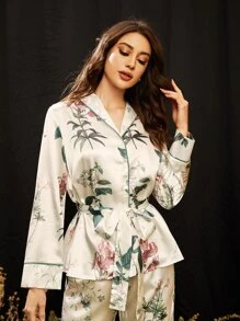 SHEIN Bộ đồ ngủ Nữ Thắt lưng Túi Tương phản ràng buộc Nút phía trước Hoa Thanh lịch - Nhiều màu - Xem 6