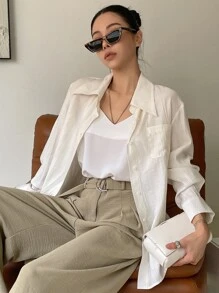 DAZY Áo sơ mi Nút phía trước Vá Túi - Màu be - Xem 2