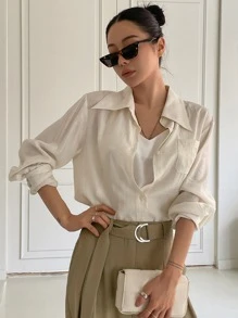 DAZY Áo sơ mi Nút phía trước Vá Túi - Màu be - Xem 3