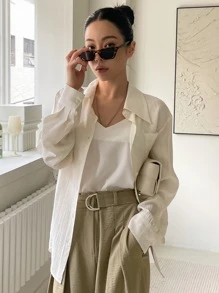 DAZY Áo sơ mi Nút phía trước Vá Túi - Màu be - Xem 4