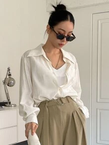 DAZY Áo sơ mi Nút phía trước Vá Túi - Màu be - Xem 7