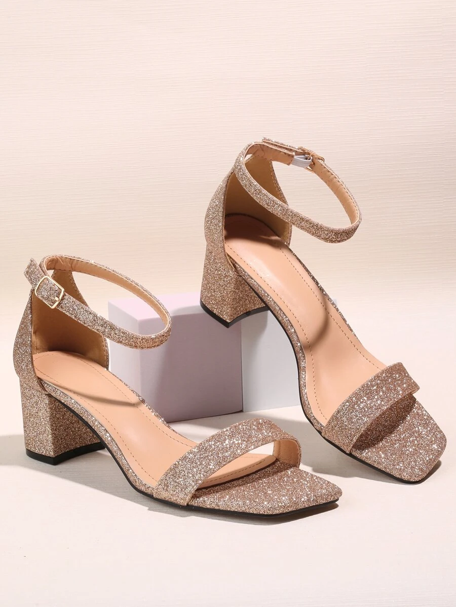 Women Metallic Chunky Heeled Ankle Strap Sandals, Glamorous Summer Glitter Heeled Sandals - Champagne - View 1