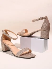 Women Metallic Chunky Heeled Ankle Strap Sandals, Glamorous Summer Glitter Heeled Sandals - Champagne - View 2