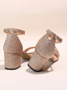 Women Metallic Chunky Heeled Ankle Strap Sandals, Glamorous Summer Glitter Heeled Sandals - Champagne - View 3