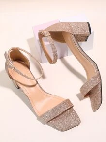 Women Metallic Chunky Heeled Ankle Strap Sandals, Glamorous Summer Glitter Heeled Sandals - Champagne - View 4