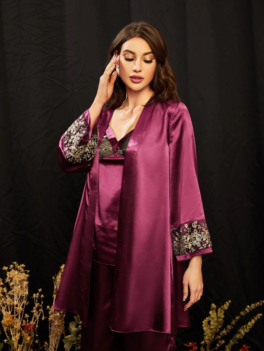 SHEIN Embroidery Detail Flounce Sleeve Robe - Red Violet - View 1