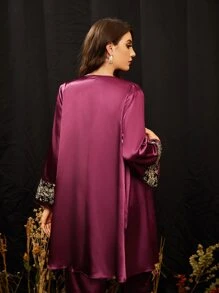 SHEIN Embroidery Detail Flounce Sleeve Robe - Red Violet - View 2