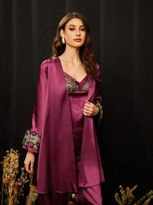 SHEIN Embroidery Detail Flounce Sleeve Robe - Red Violet - View 3