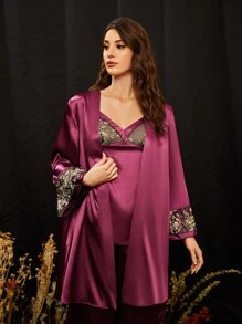 SHEIN Embroidery Detail Flounce Sleeve Robe - Red Violet - View 4