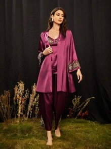 SHEIN Embroidery Detail Flounce Sleeve Robe - Red Violet - View 5