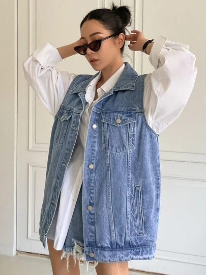 DAZY Single Breasted Sleeveless Denim Coat Y2k Women Jacket,Fall Women Clothes