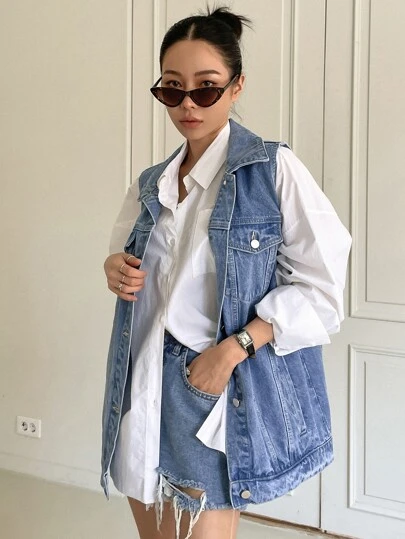 DAZY Single Breasted Sleeveless Denim Coat Y2k Women Jacket,Fall Women Clothes
