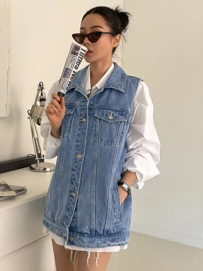 DAZY 单排扣无袖牛仔外套 Y2K 女式夹克，秋季女装