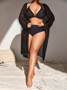 SHEIN Unity áo hở cổ kích thước lớn màu trơn Giải trí - màu đen - Xem 1