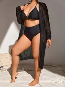 SHEIN Unity áo hở cổ kích thước lớn màu trơn Giải trí - màu đen - Xem 4