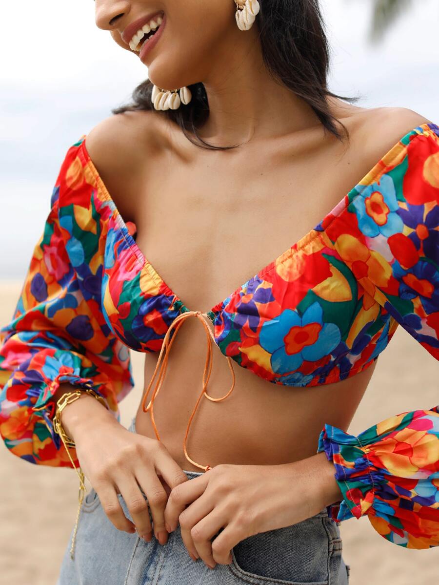 印花荷葉袖前繫帶短款上衣 - 彩色 - 查看 1