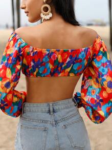 印花荷葉袖前繫帶短款上衣 - 彩色 - 查看 2