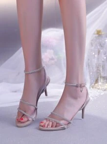 Rhinestone Decor Stiletto Heeled Ankle Strap Sandals - Khaki - View 3