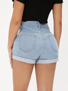 SHEIN PETITE 高腰卷起下擺牛仔短褲 - 淺色水洗藍 - 查看 2