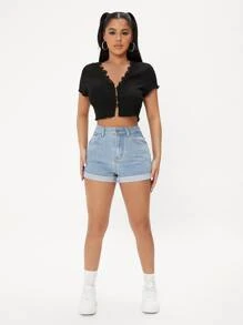 SHEIN PETITE 高腰卷起下擺牛仔短褲 - 淺色水洗藍 - 查看 3