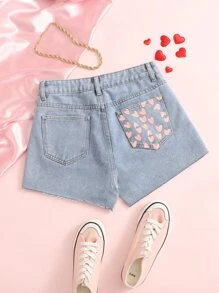 SHEIN Shorts en mezclilla con estampado de corazón - Lavado ligero - Ver 1