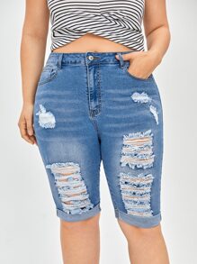 Quần short denim oversized Nút Túi Bị tách Dây kéo màu trơn - Rửa trung bình - Xem 1