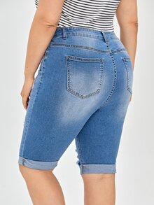 Quần short denim oversized Nút Túi Bị tách Dây kéo màu trơn - Rửa trung bình - Xem 2