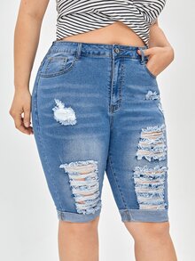 Quần short denim oversized Nút Túi Bị tách Dây kéo màu trơn - Rửa trung bình - Xem 5