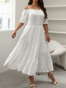 SHEIN Holidaya Vestido de hombros descubiertos ribete fruncido de cintura fruncido bajo con fruncido - Blanco - Ver 1