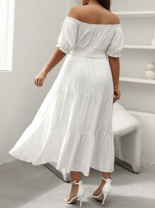 SHEIN Holidaya Vestido de hombros descubiertos ribete fruncido de cintura fruncido bajo con fruncido - Blanco - Ver 2