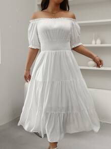 SHEIN Holidaya Vestido de hombros descubiertos ribete fruncido de cintura fruncido bajo con fruncido - Blanco - Ver 6