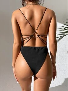 SHEIN PETITE Body de tirantes con fruncido delantero vinculado con aro O de espalda abierta - Negro - Ver 5